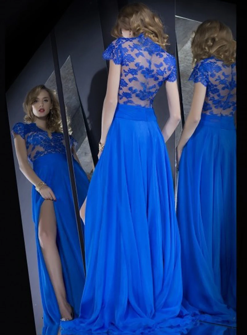 

2018 Prom Gown Royal Blue See Through Lace Evening Slit Front Short Sleeve Cheap Occasion Gowns mother of the bride dresses