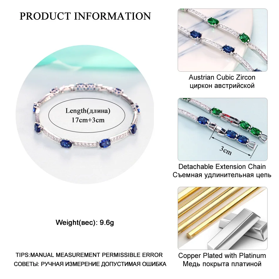 LADYCHIC Luxury Blue Green Oval Zircon Silver Color Bracelets Charming Crystal Bride Wedding Jewelry Women Fashion Bangle LB1001