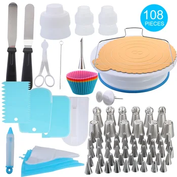 

108pcs/set Cake Turntable Set Cake Decorating Kit Kitchen Dessert Baking Pastry Tools Bakeware Icing Tips Tube Fondant Tool