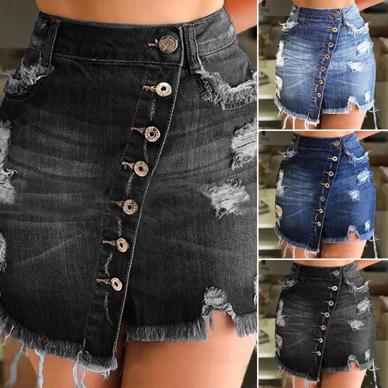

2019 Summer Irregular High Waist Denim Skirt Light Wash Women Ripped Mini Female Skirt Bag hip skirt half-length denim skirt