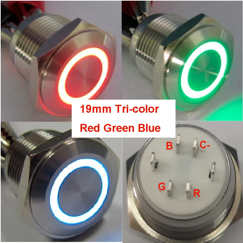

CE, ROHS 19mm Momentary Tri-Color (RED/ GREEN/ BLUE) Ring LED Reset Metal Electric Pushbutton Switch