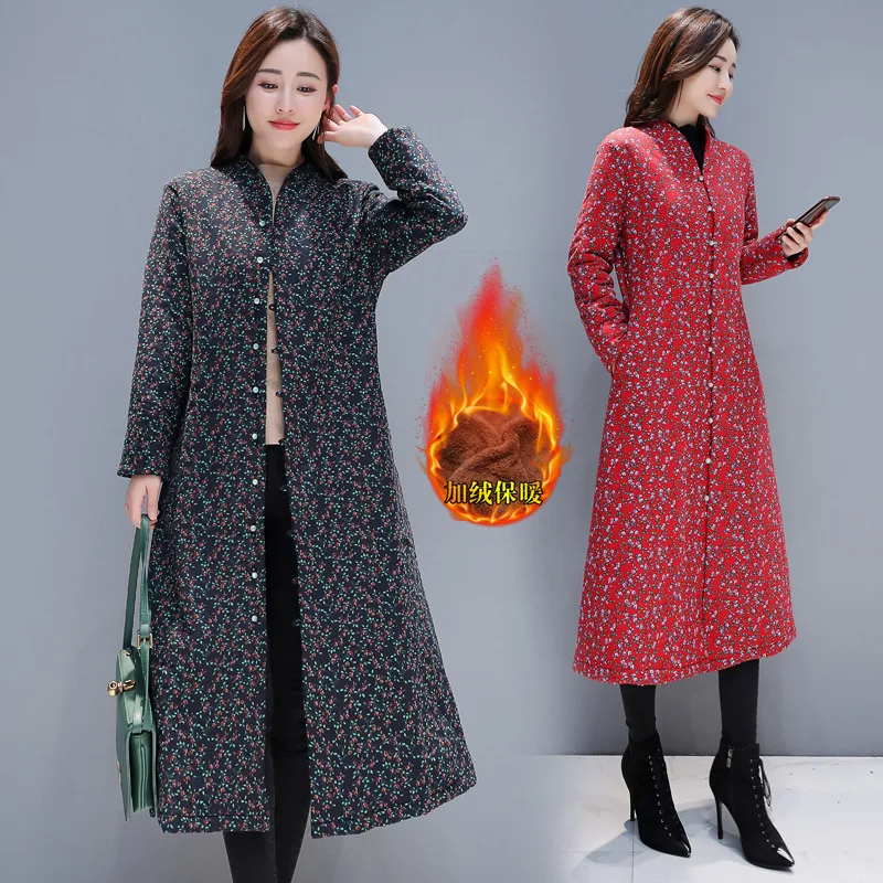 

Photo Shoot Cotton-padded Clothes Women's Long 2019 Winter Ethnic-Style Printed Brushed And Thick Retro Cotton Linen Cotton Coat