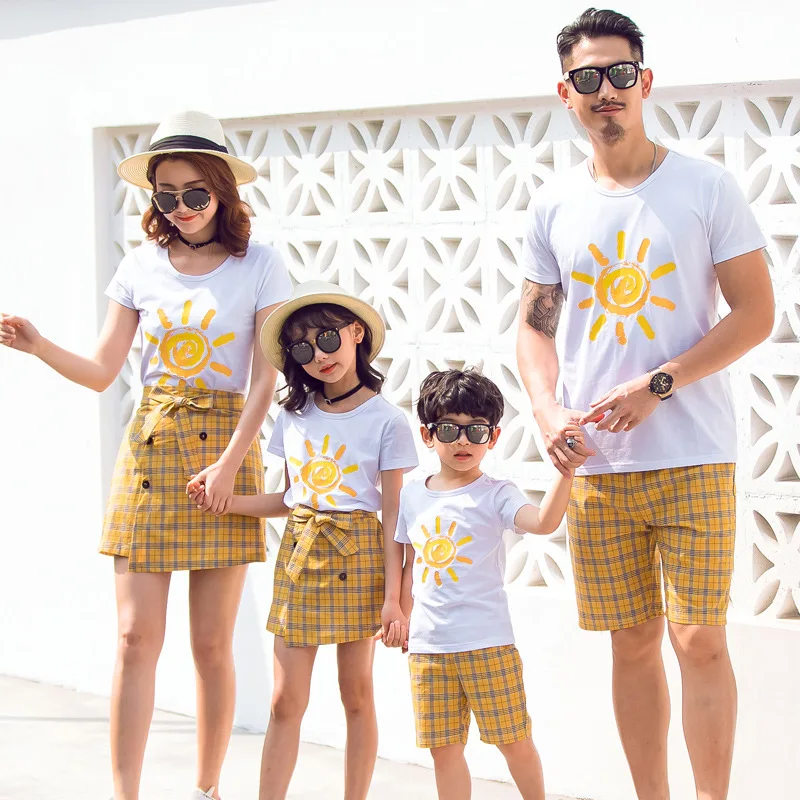 Sun Pattern Round Neck Family Fitted Summer 2019 New Cotton Short Sleeve T-shirt Mother-Daughter a Family of Four Full