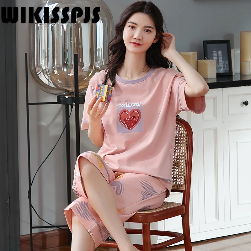 

WIKISSPJS 2021 New Summer Two Piece Suit Pajamas Women's Summer Housewear Short Sleeve Lounge Wear Two Piece Set Summer