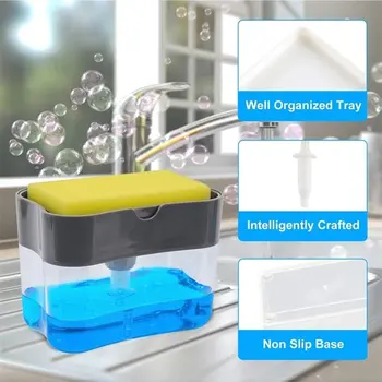 

Soap Dispenser Push-Out with Sponge Holder Cleaning Liquid Dispenser Container Manual Press Soap Organizer Kitchen Cleaner Tool