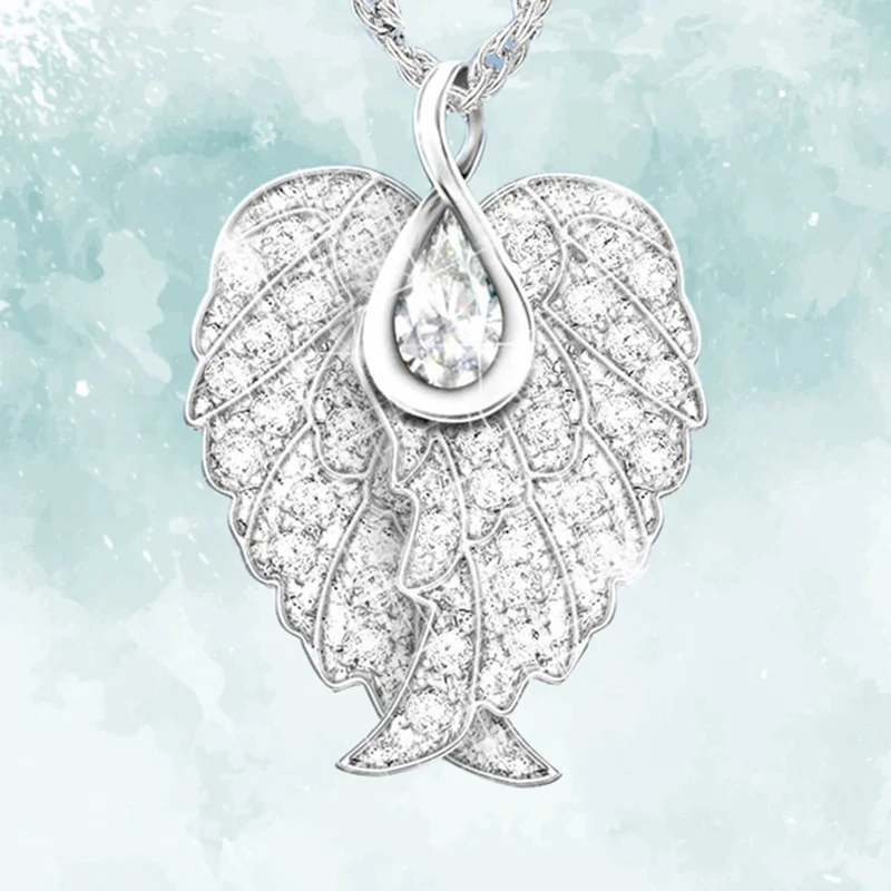 Trendy Charm Angel Wing Rhinestone Pendant Necklace For Women Silver Color Feather Collar Necklaces Jewelry Gift | Украшения и