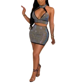

Women's Cropped Vest, Wrapped Skirt, Party Rhinestone Shinny Neck-Hanging Backless Top Slim Summer Half Dress