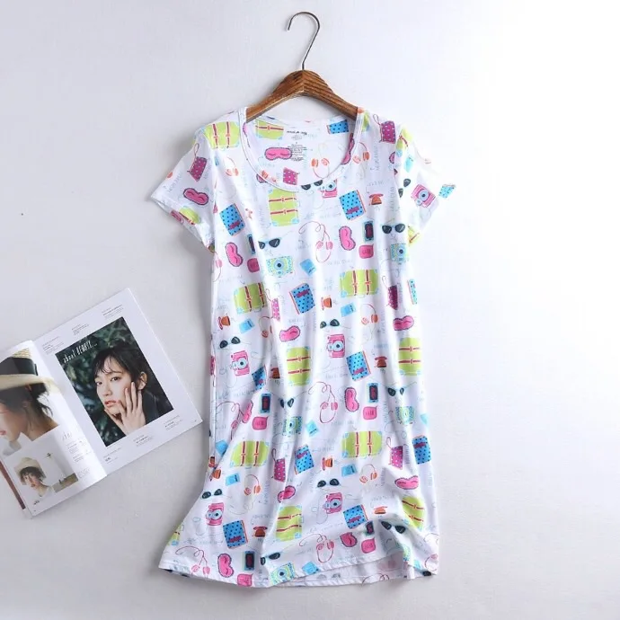 Summer New Style Cartoon Printed Short Sleeve Nightgown Korean-style Large Size Tracksuit Knitted Cotton Cute Pajamas