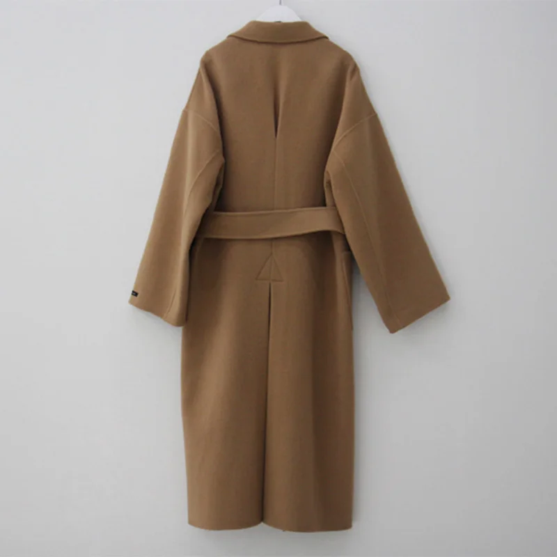 Женская элегантная Зимняя шерстяная куртка черного и коричневого цвета, длинное шерстяное пальто с повязкой, кардиган размера плюс, Manteau Femme Hiver
