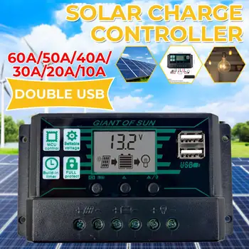 

NEW 60A/50A/40A/30A/20A/10A 12V 24V Auto Solar Charge Controller Controllers LCD Dual USB 5V Output Solar Panel Regulator