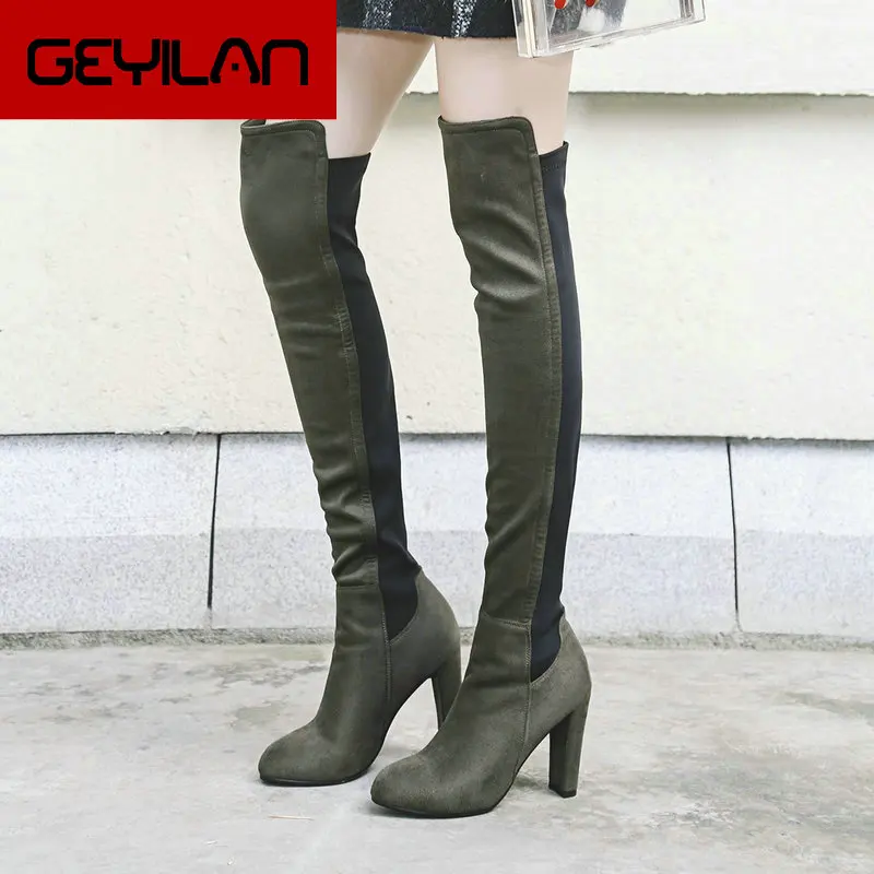 

2019 Stretch Boots Women Flock Patchwork Over the Knee Boots Square High Heels Thigh Boots Slip On Autumn Winter Boots Shoes