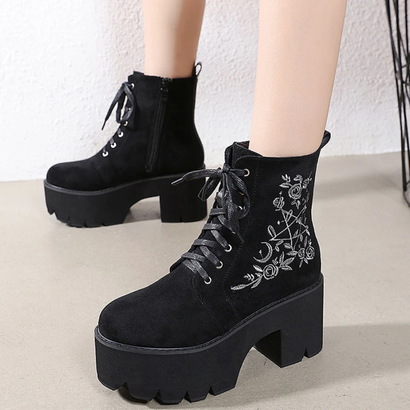 Botas tobilleras con plataforma para Mujer, botines con plataforma con De flores, con cordones, para invierno|Botas hasta el tobillo| - AliExpress