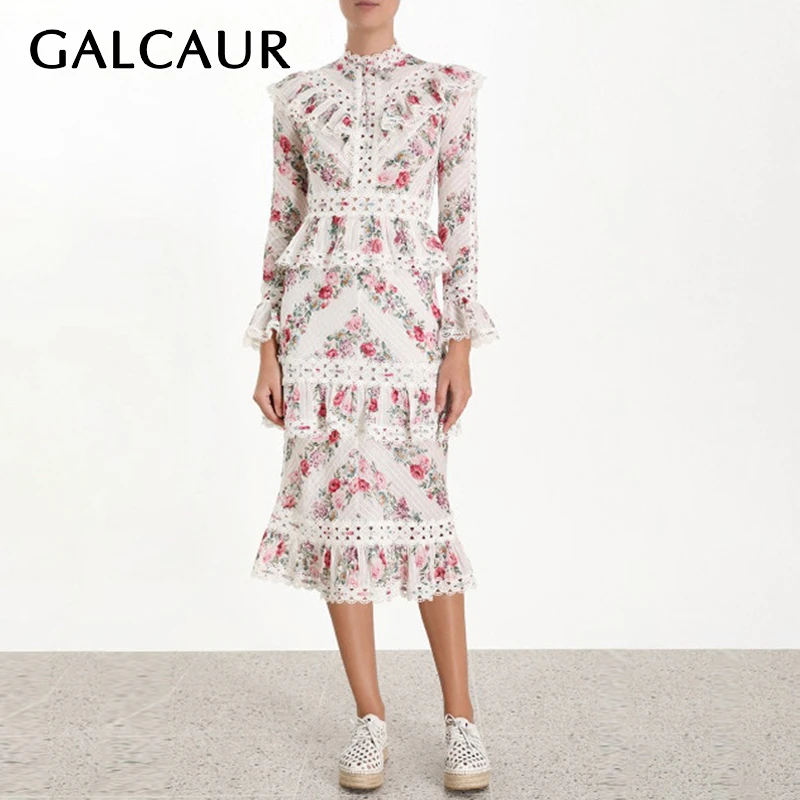 

GALCAUR Print Ruffle Patchwork Lace Women's Dress Stand Collar Flare Sleeve High Waist Hollow Out Dress Female 2019 Fashion New