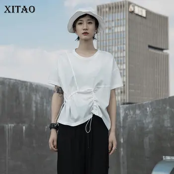 

XITAO White Black Women Pleated Short Sleeve Cotton Sense of Design Loose T Shirt 2020 Summer New Fashion Women Tee DMY4070