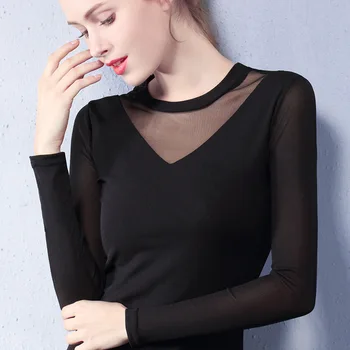 

New solid color round neck long sleeve mesh chiffon T-shirt women red