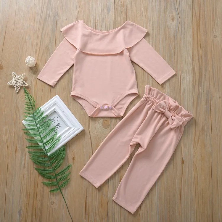 Одежда для новорожденных детская одежда для малышки осень хлопок Длинные рукава Ползунки рюшами Брюки с бантом однотонная осенняя одежда для младенцев наряды в стиле кежуал - Цвет: Розовый