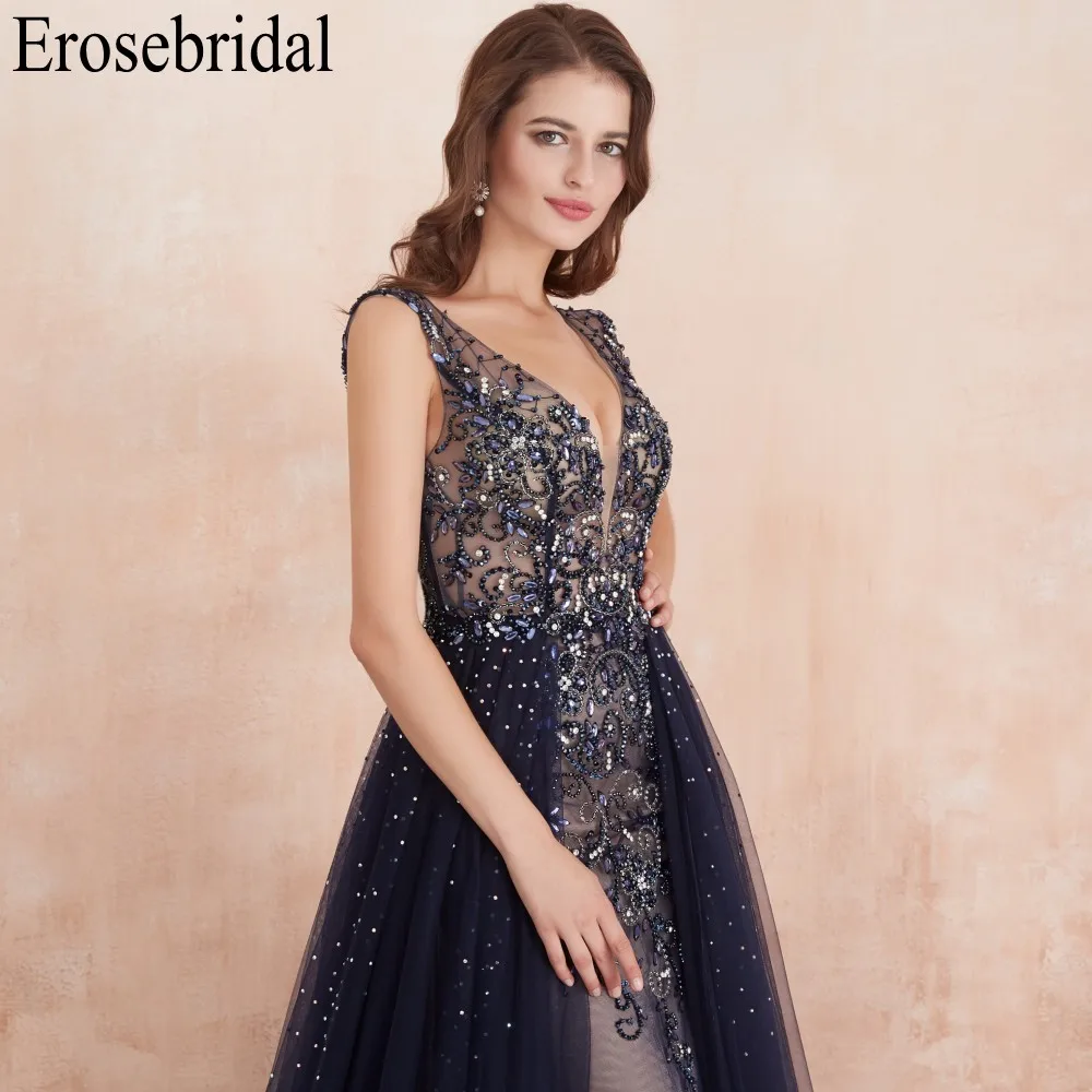 Erosebridal, с открытой спиной, темно-синее вечернее платье, длинное,, сексуальное, глубокий v-образный вырез, с коротким шлейфом, длинные, вечерние платья