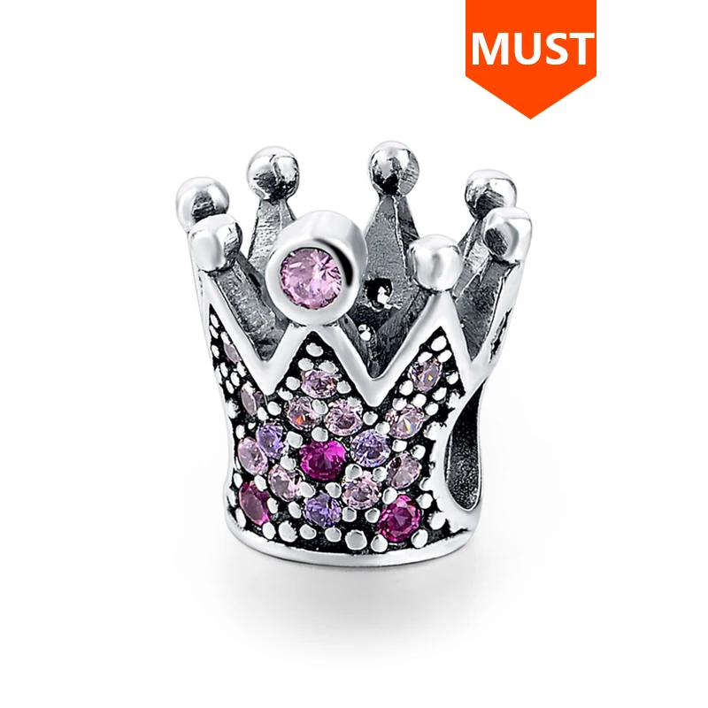 SG new classic princess crown charms with pink CZ sterling silver 925 fit original bracelet Europe Silver Jewelry making gifts | Украшения
