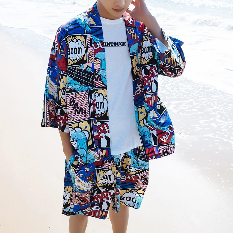 

2019 Summer Thin Section Full Printing Opening Needle Kimono Jacket Thin Section Loose Sunscreen Men's Fashion Printing Set