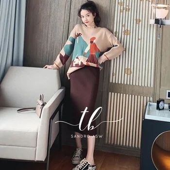 

Women's suit 2020 autumn new high-end sweater knit top covered hip skirt small tall 2 piece set