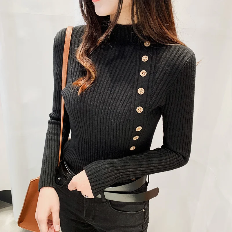 Pull femme, зимний Корейский Однотонный свитер для женщин, теплый тонкий вязаный свитер с длинным рукавом, водолазка, топ, вязанные пуловеры, женский джемпер