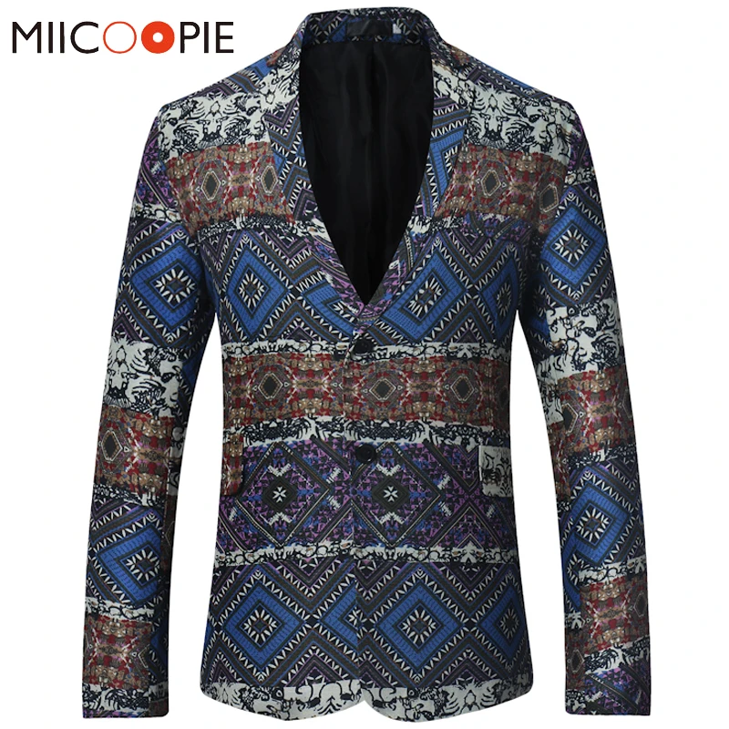 Vintage Ethnic Style Blazer For Men New Fashion Loose Argyle Print Blazer Hombre Single Button Male Suit Jacket Plus Size