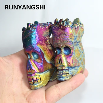 

Runyangshi Colour Aura Coating Natural Quartz Crystal Cluster Skull Agate Carving Skull Figurine Crystal Stone Home Decoration