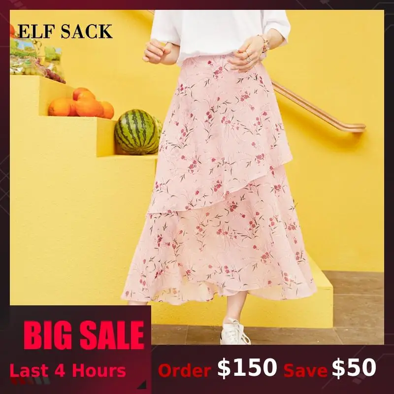 ELFSACK новая весенняя женская юбка до середины икры с принтом женские юбки с цветочным принтом Повседневное рюшами Femme низ для будущих мам платье трапециевидной формы
