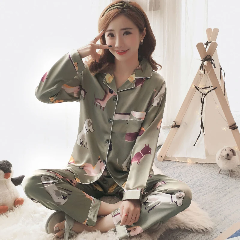 

Lovely Dog Cartoon Army Green Woman Long sleeved Sleepwear Pajama sets Pocket Lady Tracksuit Pyjamas Suit in Spring and Fall