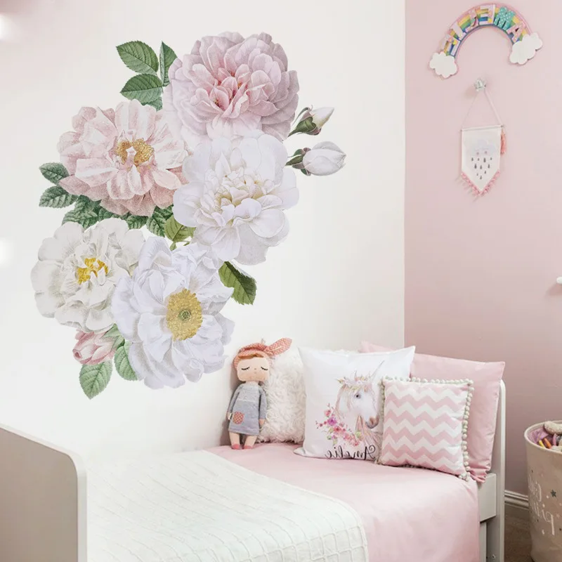 Watercolor Sweet Pink White Peony Wall stickers Flower Wall Decals for Baby Nursery Room Decoration Living Room Bedroom Decor