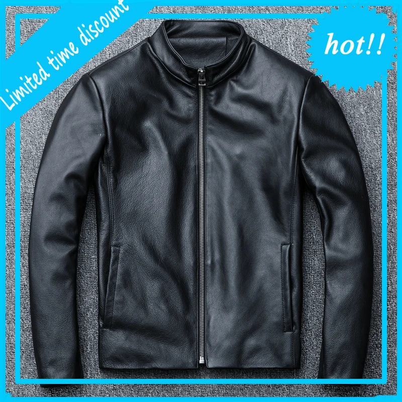 

2020 New Men's Autumn Winter Genuine Cowhide Leather Vintage Jacket Black Stand Collar Coat Male Slim Fit Men Motorcycle Jackets