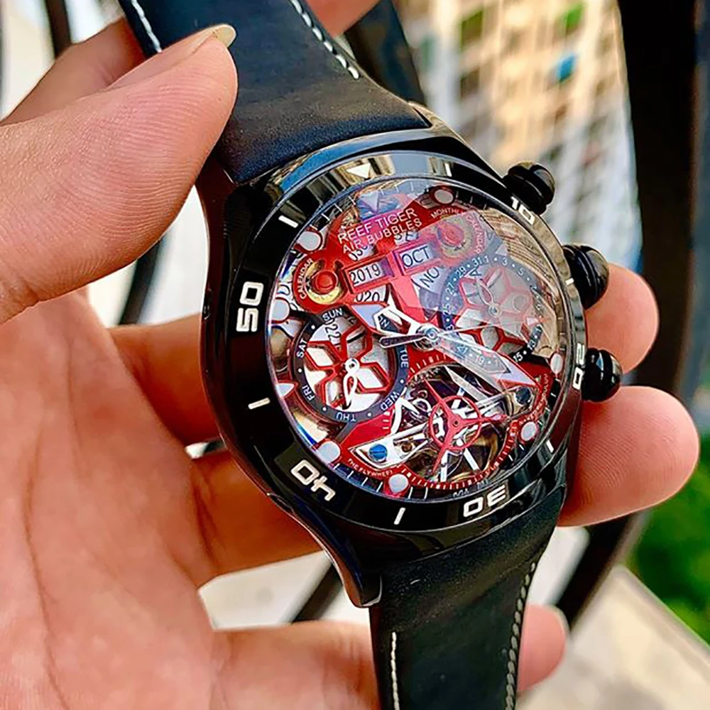 リーフ虎/rtメンズスポーツ腕時計スケルトンダイヤルと手年月日付の日の腕時計発光黒鋼腕時計自動RGA703