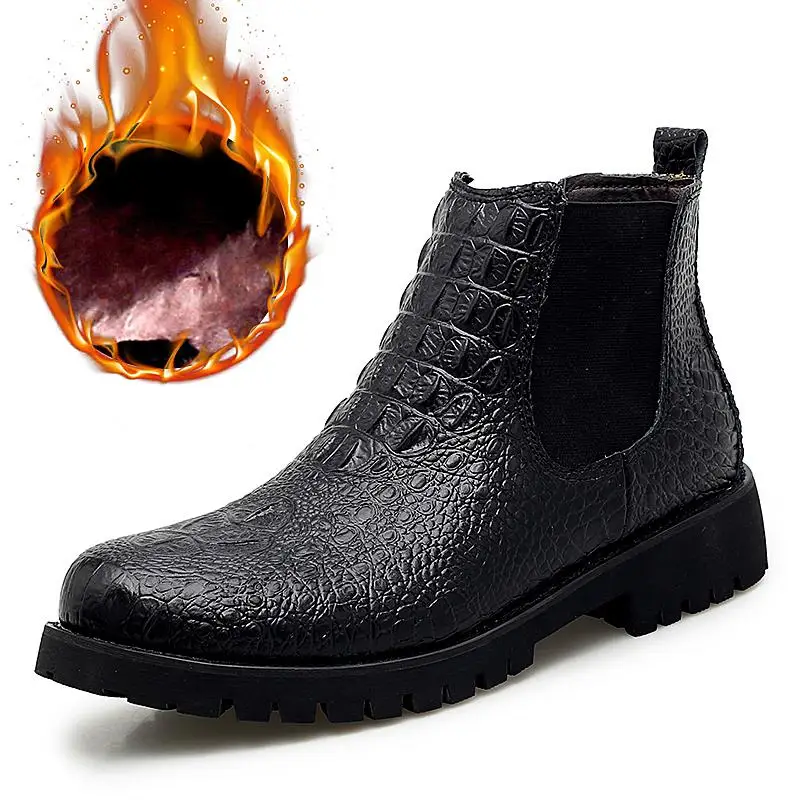 Новинка; мужские ботинки «Челси»; модная брендовая мужская обувь; мужские ботинки из натуральной кожи; Рабочая Мужская обувь; зимние ботинки; теплые мотоботы - Цвет: Black Plush