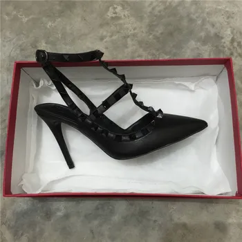 

High heel rivets women summer shoes fashion brand ladies 2 straps sexy pointed toe 10 cm sandals office dress leather sandals