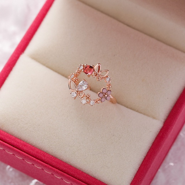 New Gorgeous Geometric Flower Hollow Butterfly Bowknot Full Zircon Opening Finger Ring For Women Charm Beach Party Jewelry
