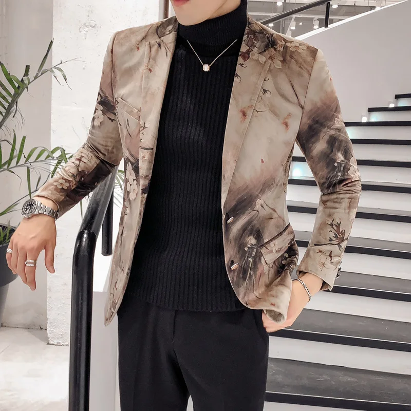 

Flower Print Blazers Masculino Slim Fit Club Outfits Vetement Homme 2020 Veste Mariage Lentejuela Hombre Casual Wear Mens