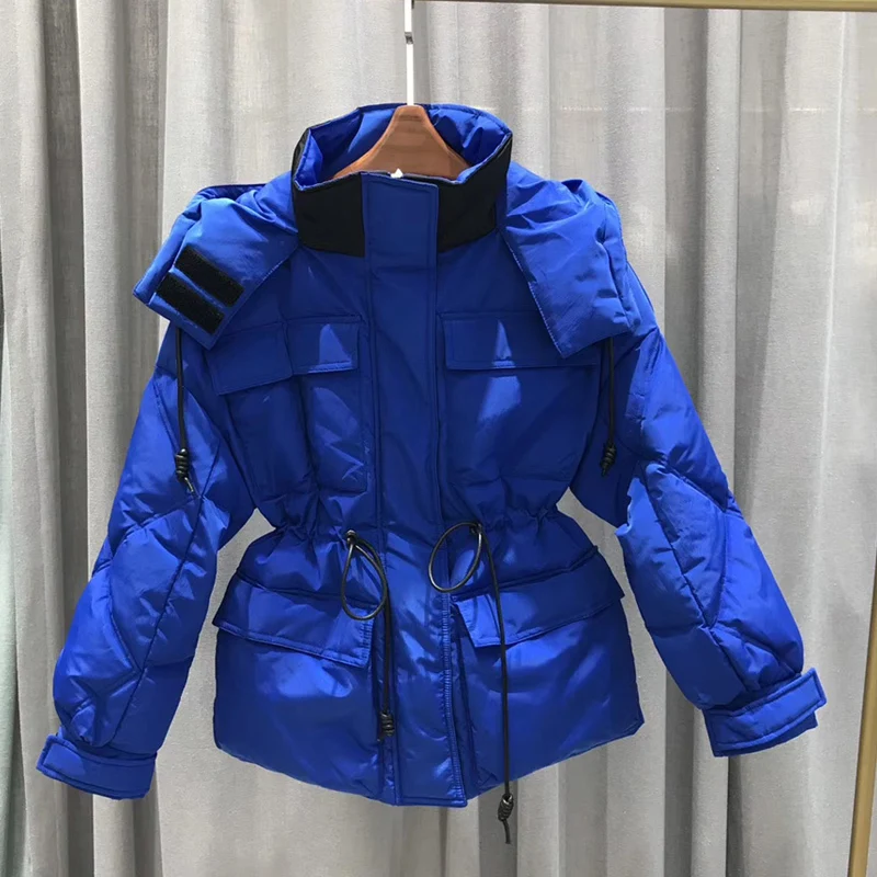 

Winter 90% White Duck Down Short Jacket Overcoat Women Warm Thickness Hooded Down Parkas Loose Casual Tie Up Outwear