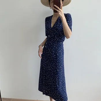 

Women Floral Print Short Sleeve Wrap Midi Dress Soft Viscose Sexy Sweet Slim Dress With Belt Waist Buttons