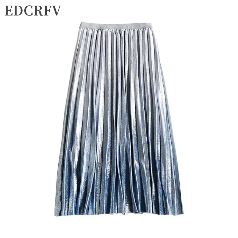 Женская Осенняя длинная Плиссированная юбка средней длины с металлическим блеском градиентного цвета, трапециевидная яркая бархатная эластичная Повседневная праздничная одежда