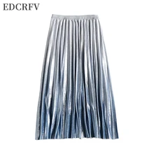 Женская Осенняя длинная Плиссированная юбка средней длины с металлическим блеском градиентного цвета, трапециевидная яркая бархатная эластичная Повседневная праздничная одежда