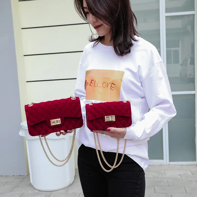 

Velvet Gel Bag 2019 Spring And Summer New Style Western Style Lock Rhombus Chain Crossbody Bag