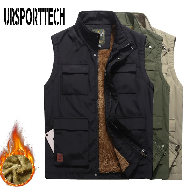 

Thicken Fleece Waterproof Mens Winter Vest Multi Pockets Spring Autumn Waistcoat Photographer Mandarin Collar Sleeveless Jacket