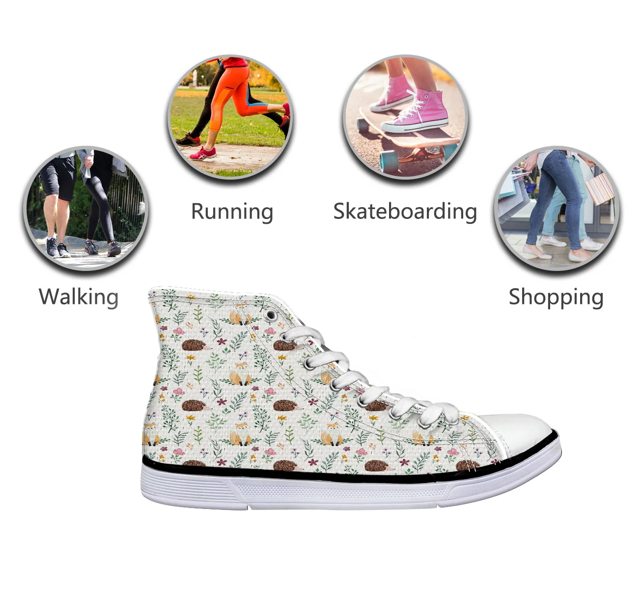 WHEREISART/Женская парусиновая обувь с рисунком лисы ежика леса высокая флэтс