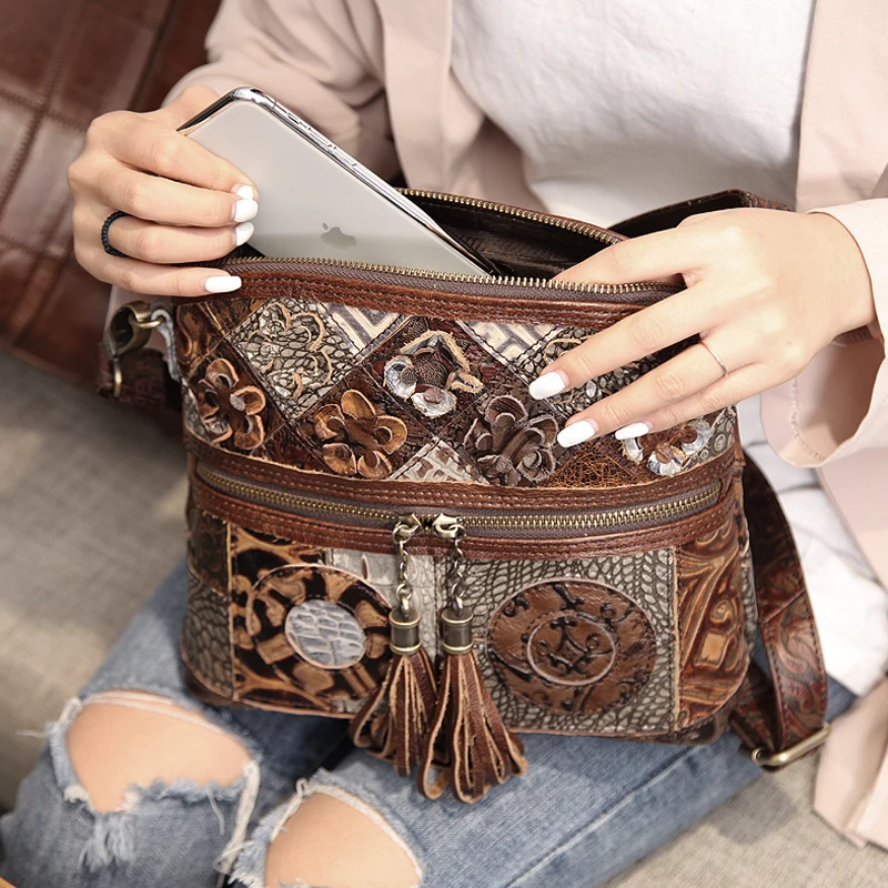 Women Bag Bohemian Genuine Leather Designer Floral Crossbody Luxury Shoulder Lady Tassels Vintage Splice Handbags crossbody bag women handbags leather shoulder bag
