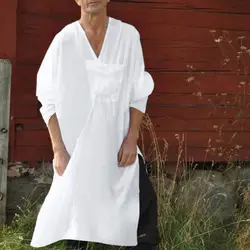 Мужские Ретро кафтан этнический стиль сплошной цвет v-образным вырезом свободная рубашка платье плюс размер
