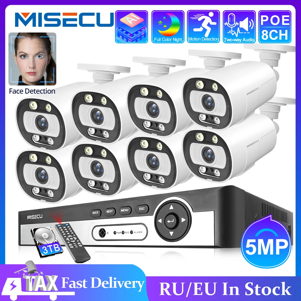 MISECU-Kit de sistema de seguridad con cámara IP al aire libre, conjunto de CCTV de 8 y 4 canales, de 5MP, NVR POE dos vías de audio Ai, con visión en color para la noche
