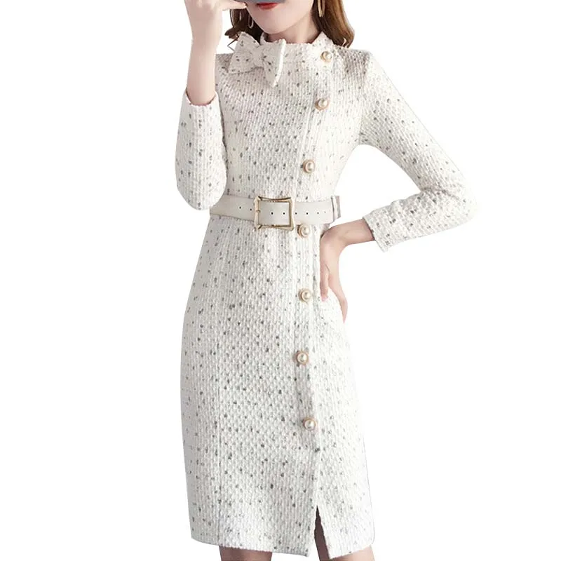 

NORMOV 2019 Women Retro Dress Printing Dot Lrregular Button Sashes Dress Autumn Winter Bow Collar Single-Breasted Dress Female