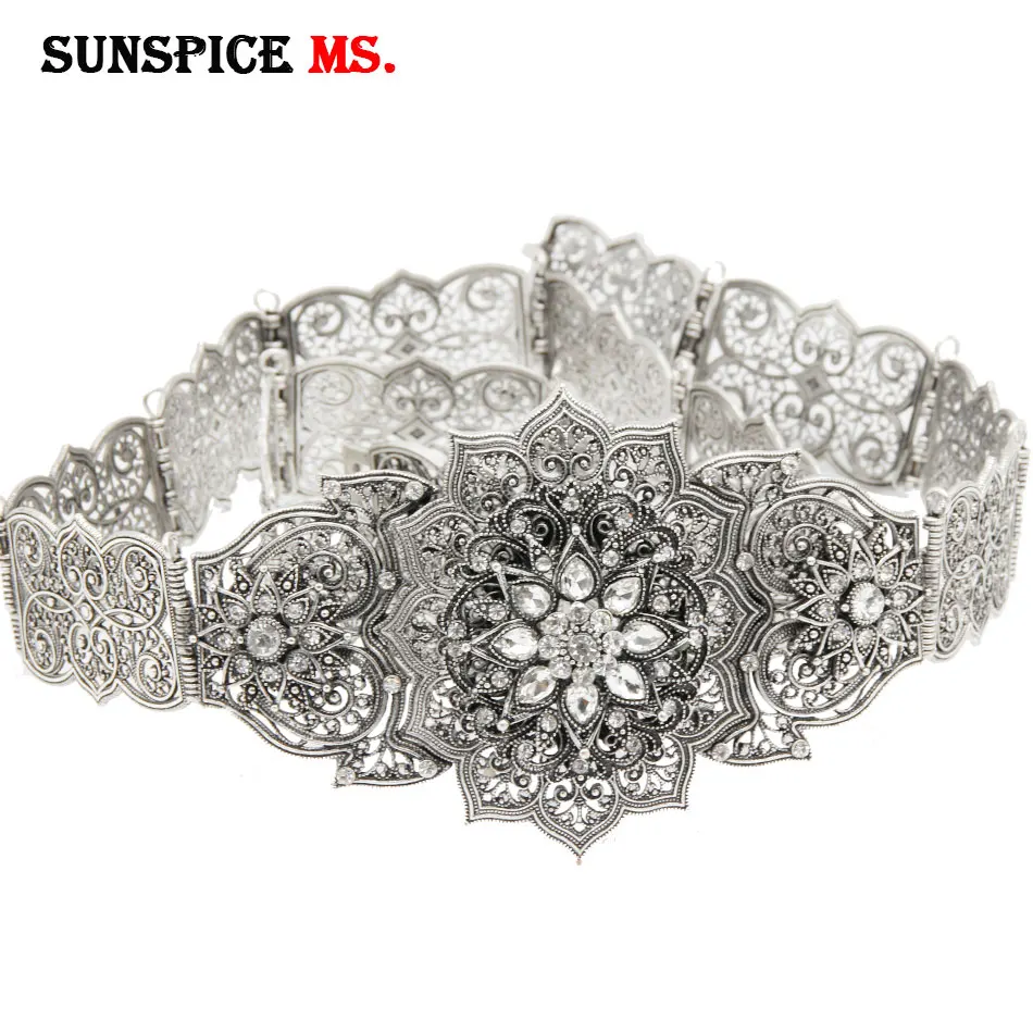 

SUNSPICE-MS Caucasus retro silver color women metal belt rhinestone waist chain adjustable length morocco caftan body jewelry