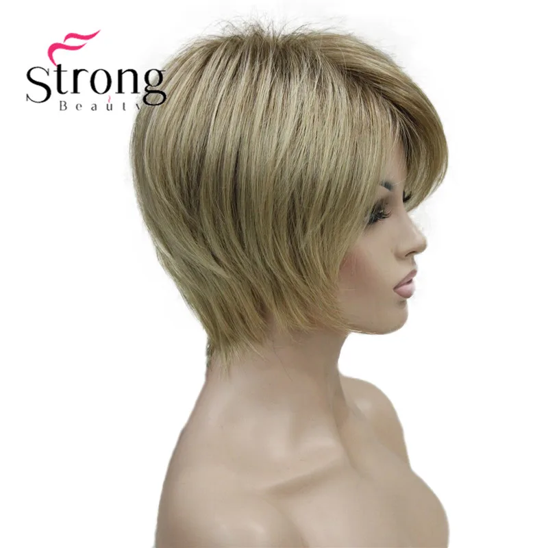 5969 #AB602 New charming blonde mix with brown root women' short straight wig (4)
