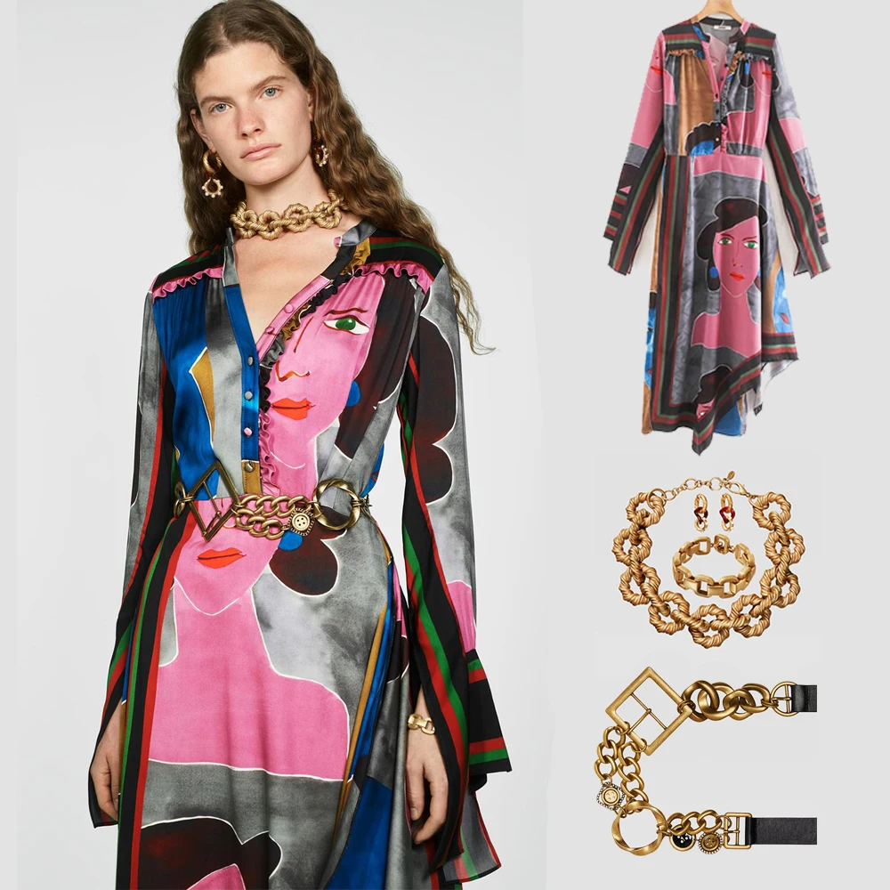 

2019 ZA Fashion Dress V-neck Face Print Irregular Stitching Split Long-sleeve Autumn Winter Temperament Statement Office Lady